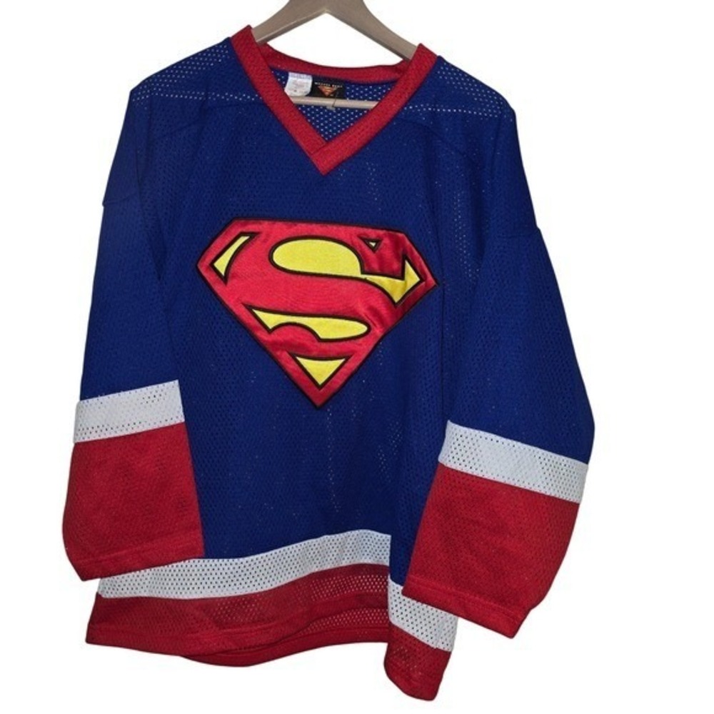 Vintage‎ Warner Bros. Superman Hockey Jersey L/G Adult DC Comics 2000 DC Comics